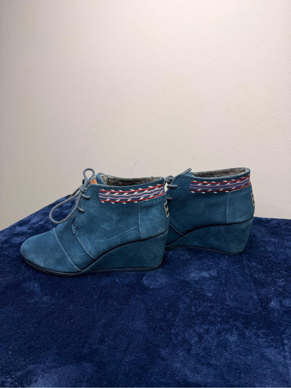 Toms Teal Suede Wedge Ankle Boots with Patterned Trim